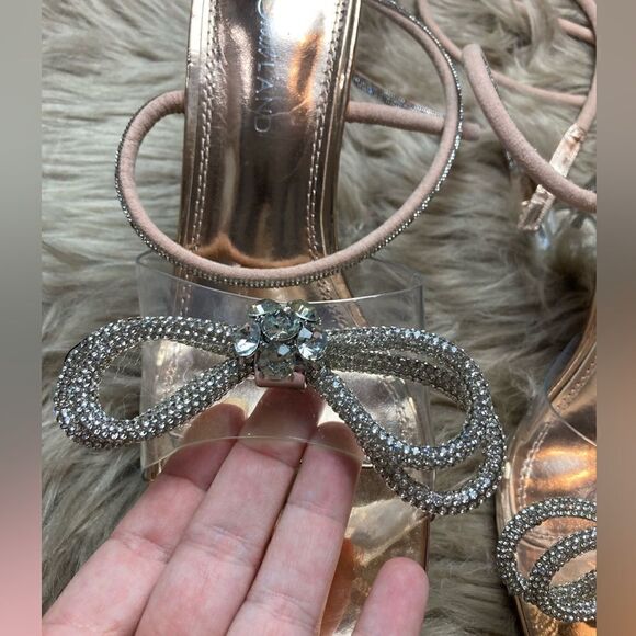 ShoeLand Clear Ankle Wrap Wedding Diamond Bow Detail Square Toe Perspex Heel - Picture 5 of 16